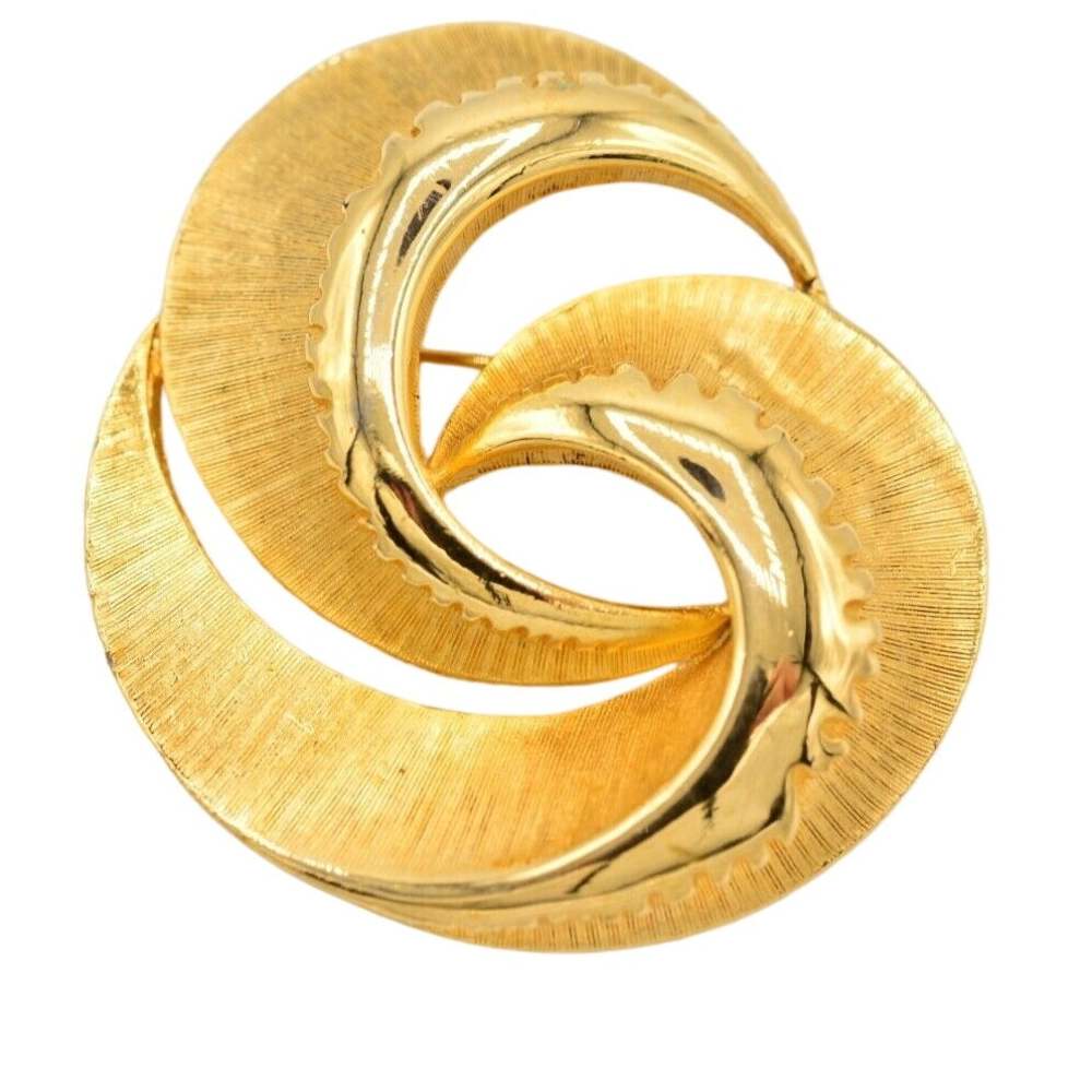 Vintage Bold Brushed Gold Round Brooch Pin Swirl Textured Chunky 2" 1980s Bin4